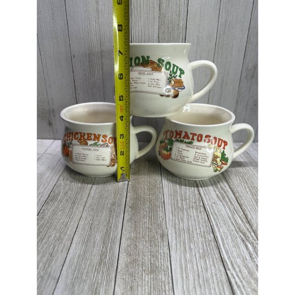 Vintage Soup Recipe Bowls Mugs Onion, Chicken, Tomato Boho Farmhouse - Set of 3 - Picture 8 of 9